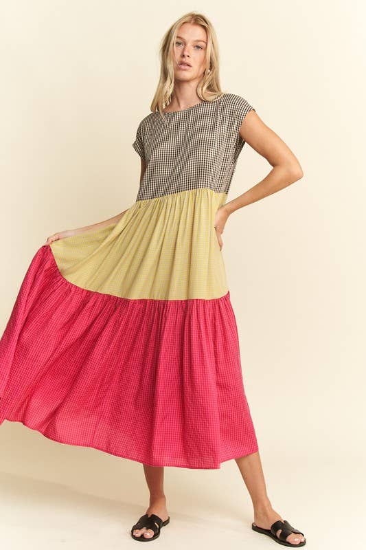 PLAID COLOR BLOCK MIDI DRESS
