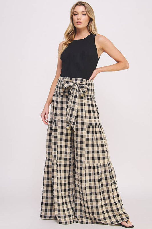 HIGH SMOCKED WAIST GINGHAM PRINT WIDE LEG PANTS