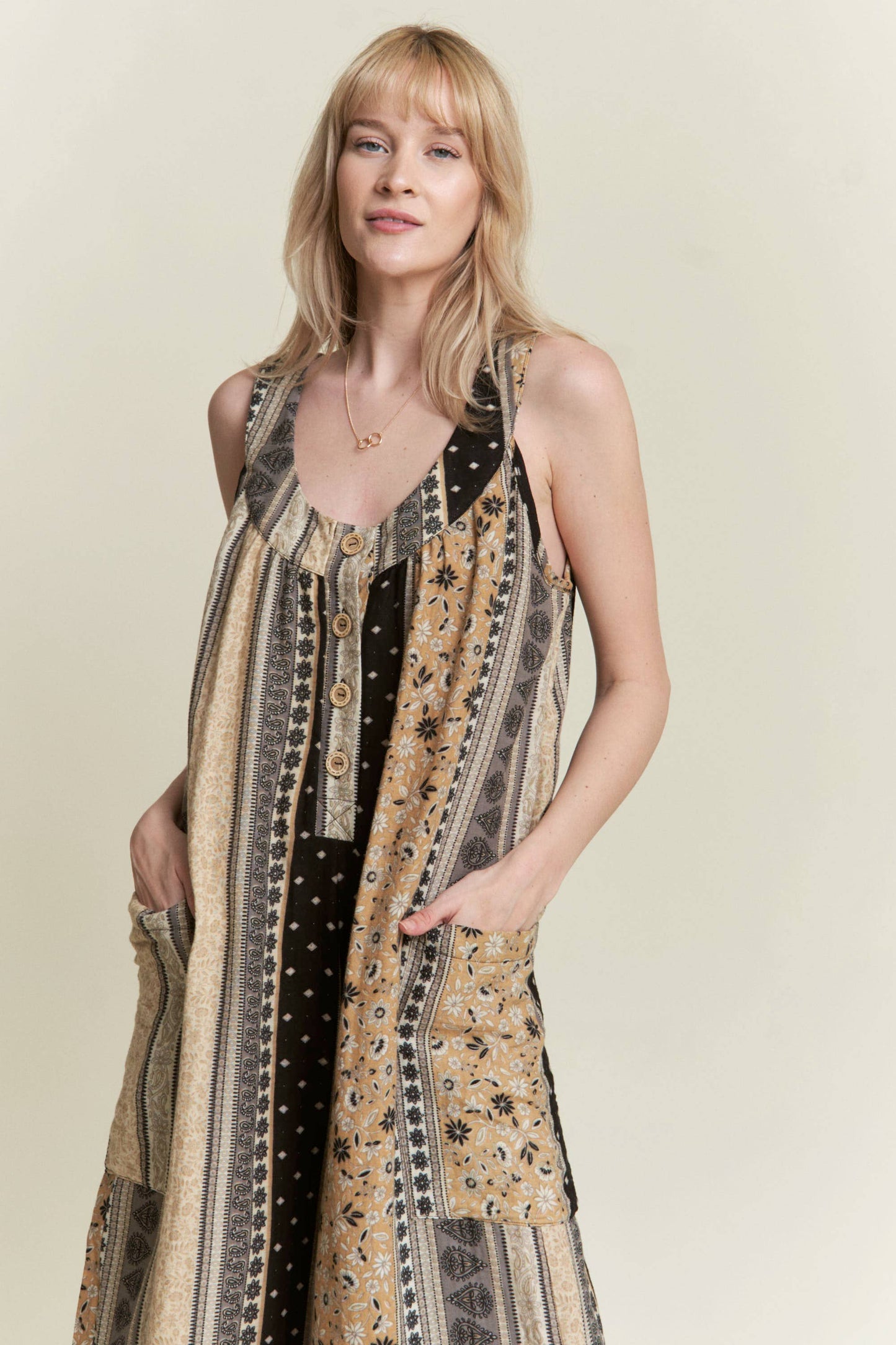 SLEEVELESS COLOR BLOCK FLORAL PRINT STRAIGHT LEG JUMPSUIT