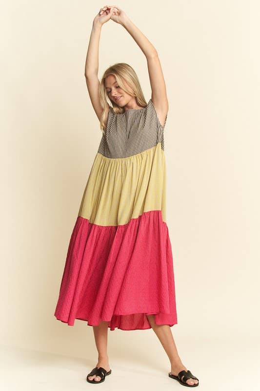 PLAID COLOR BLOCK MIDI DRESS