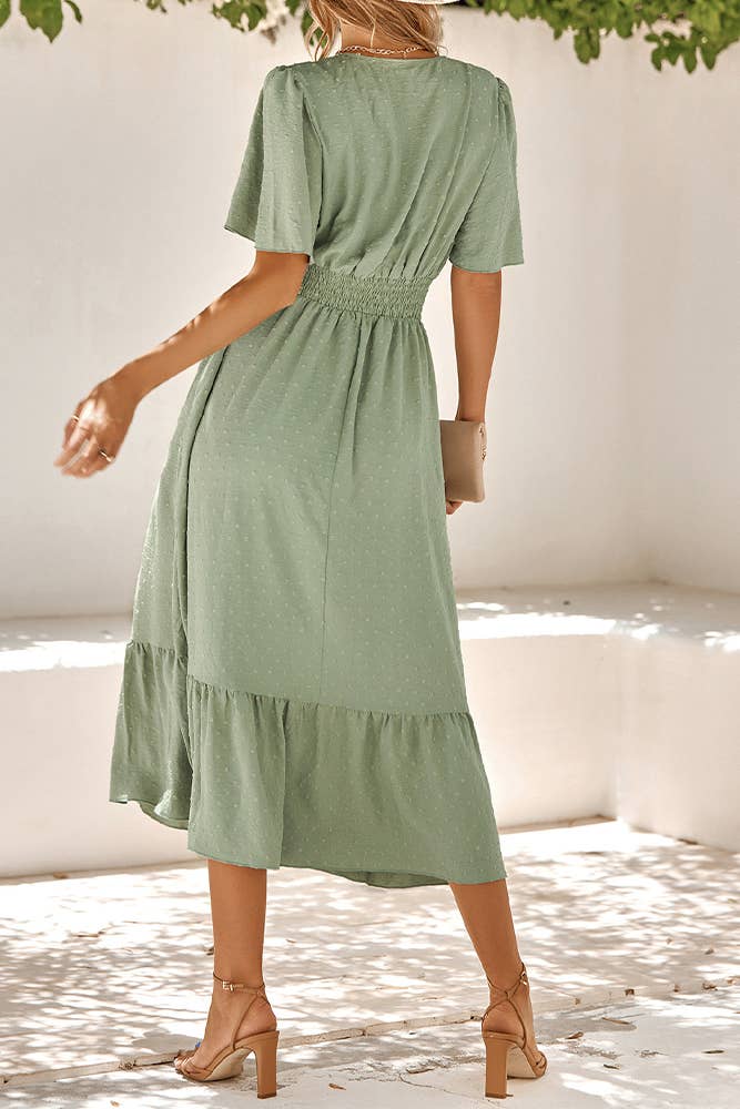 Swiss Dot V Neck Ruffle Sleeves Dress SN160