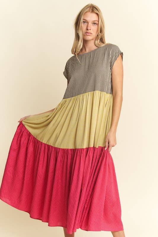 PLAID COLOR BLOCK MIDI DRESS