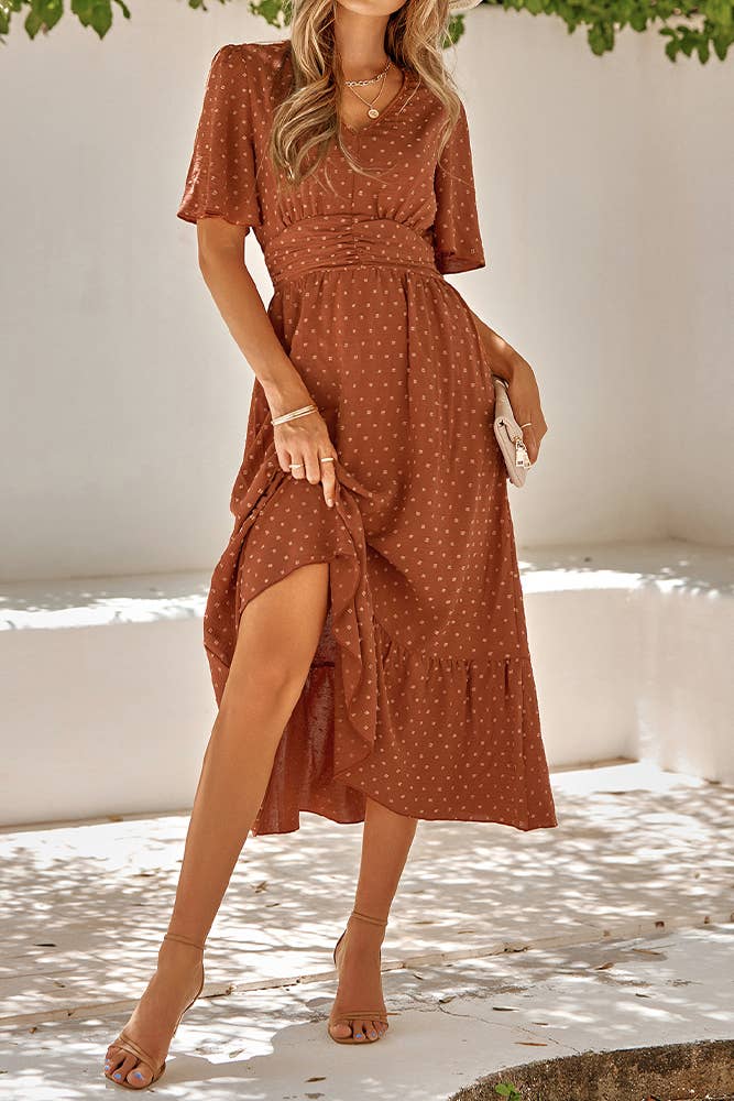 Swiss Dot V Neck Ruffle Sleeves Dress SN160