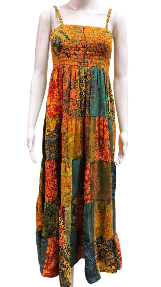 Cotton Boho Spaghetti Strap Bobbin Smocked Dress